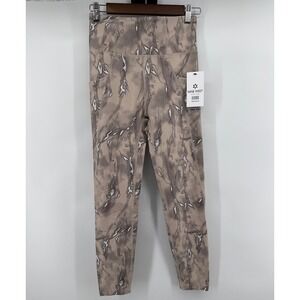 Nine West Active Womens High Rise Marble Print Leggings Tan Grey Pockets Size S
